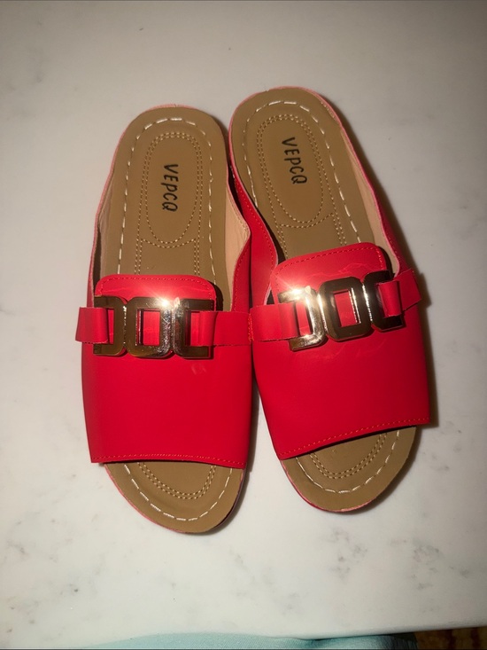 vepcq Shoes - Red Slide Mules with Gold Chain Accent